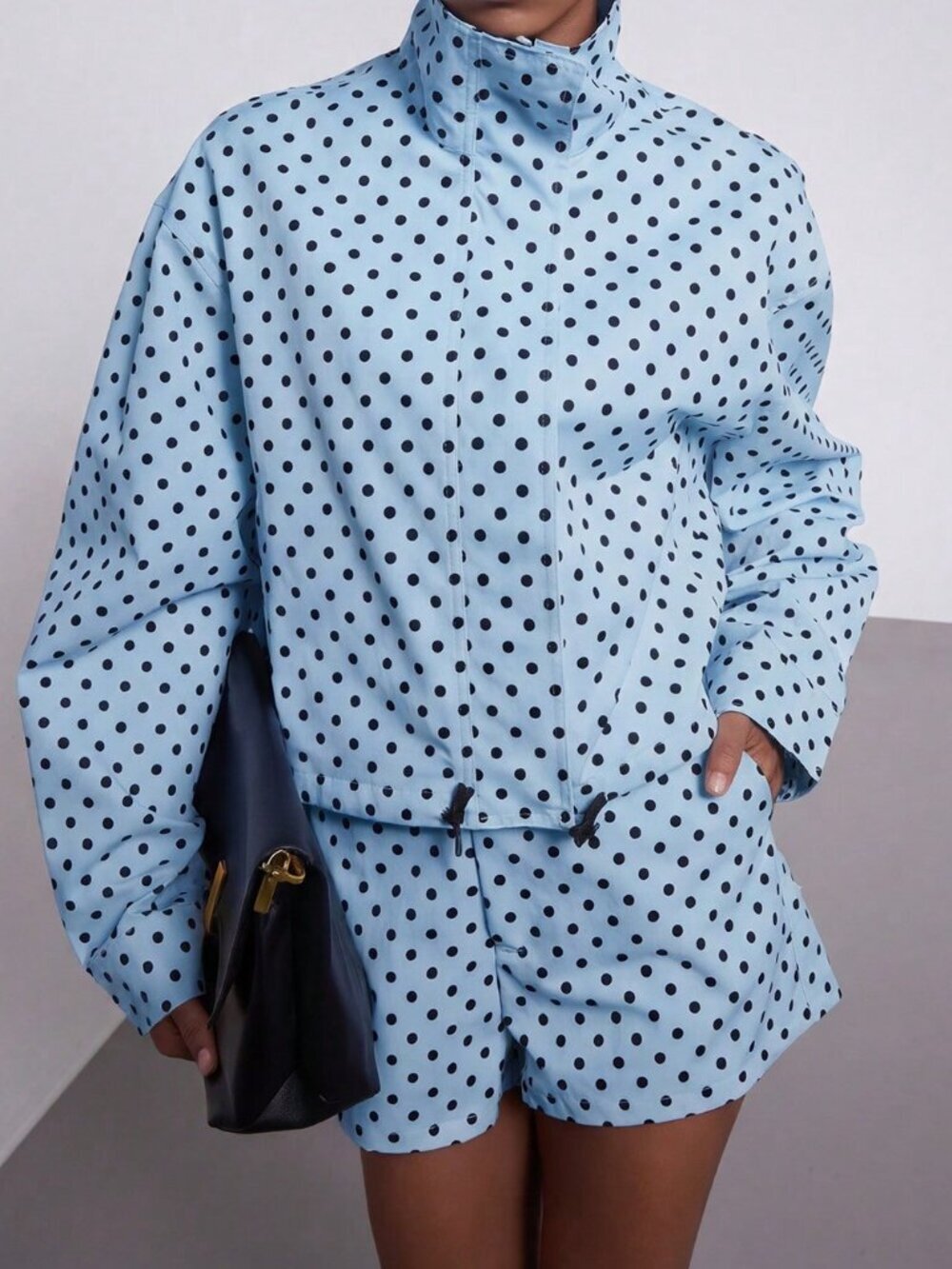 Sky Blue Casual Women's Polka Dot Stand Collar Bomber Jacket